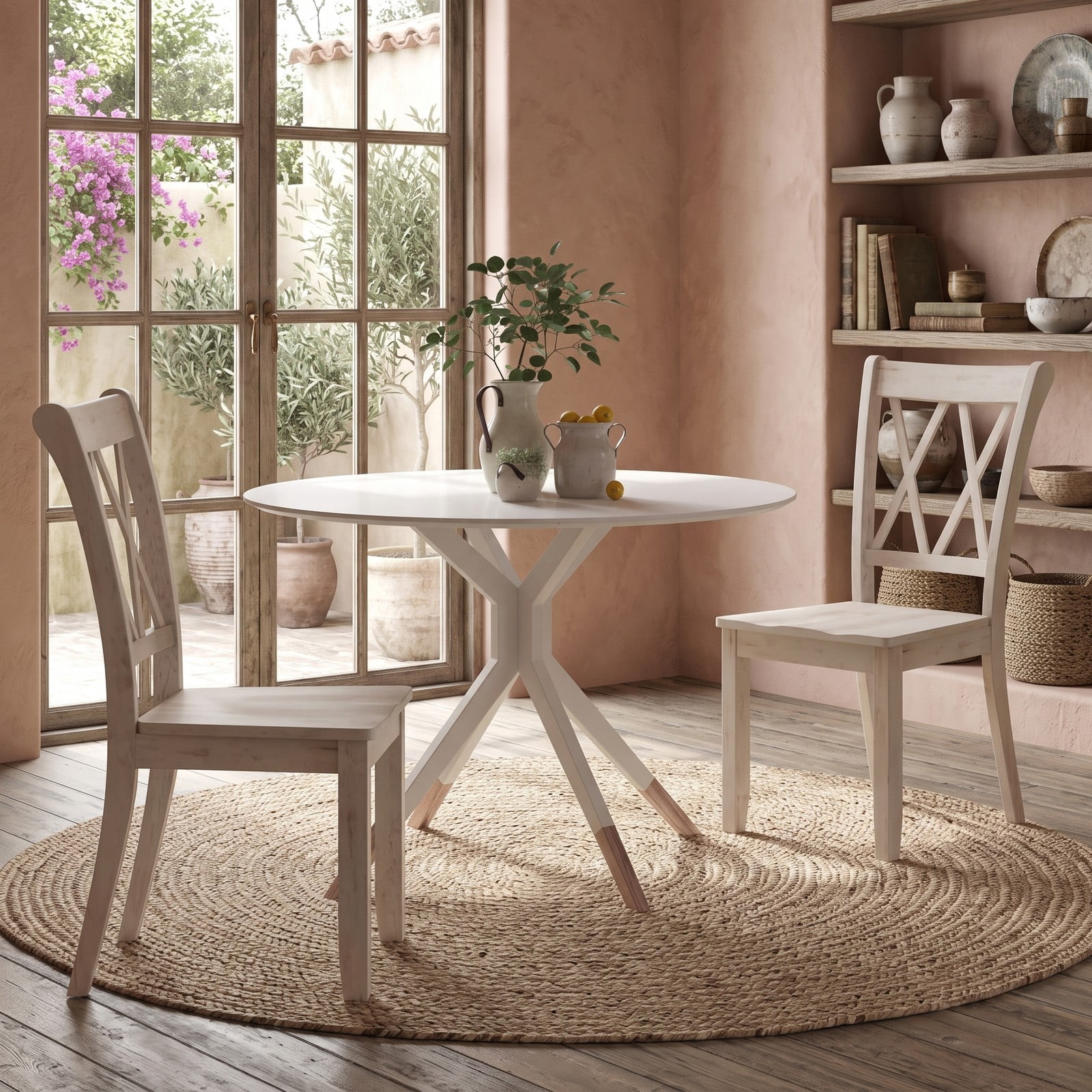 Furnibear Set of 2 Wooden Dining Chairs, Mid Century Modern Farmhouse Kitchen Side Chairs with High Backrest and Rubber Wood Frame for Dining Room, White