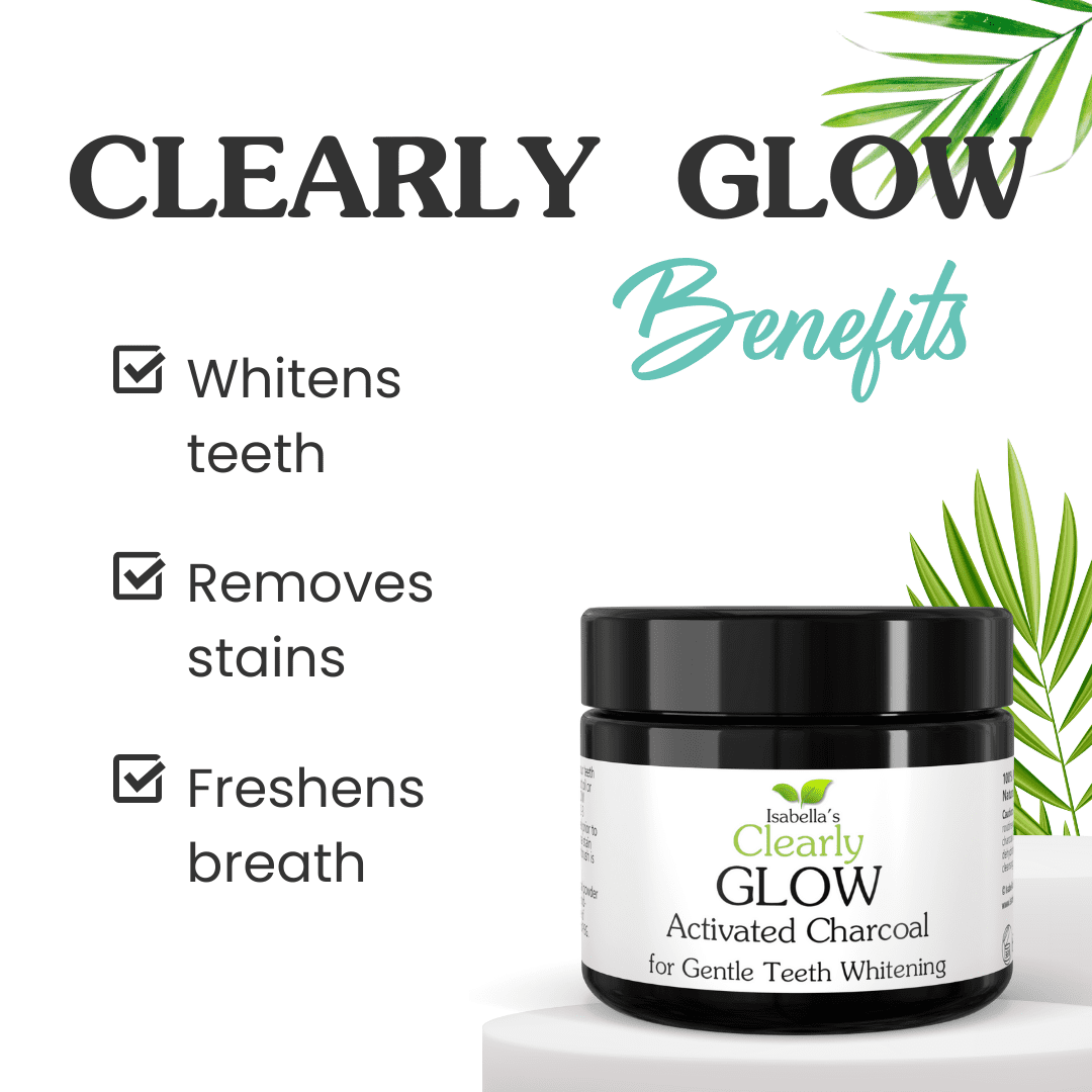 Isabella's Clearly GLOW Teeth Whitening Activated Charcoal Powder Set with Bamboo Toothbrush and Copper Tongue Scraper