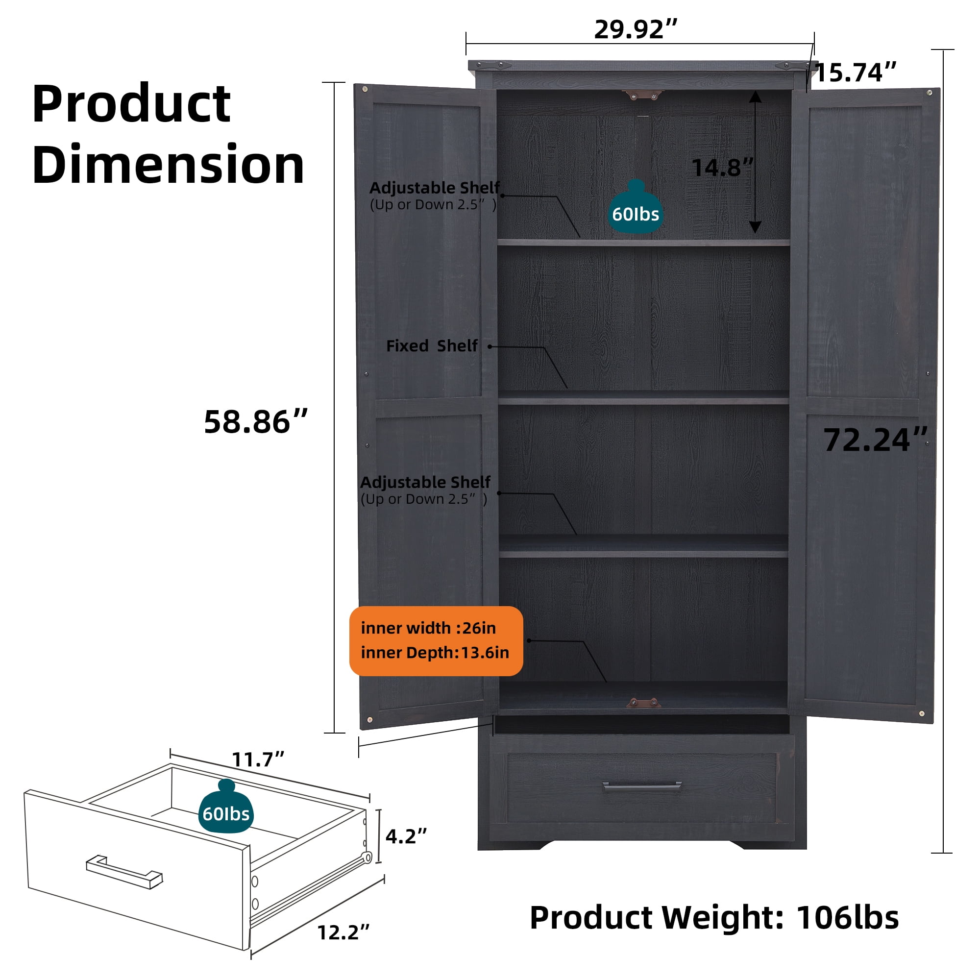 T4TREAM Farmhouse 2-Door Storage Cabinet with Adjustable Shelves and 1 Drawer for Bathroom and Living Room, Black