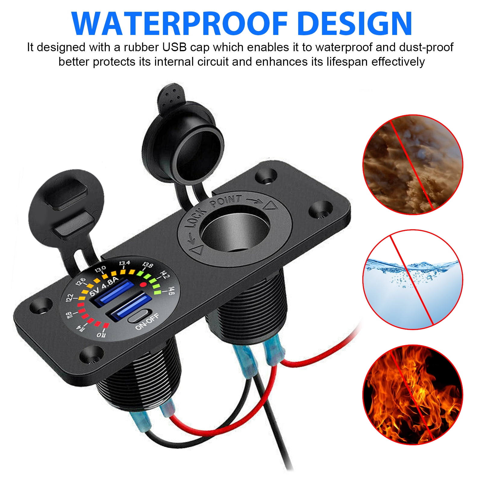 Sampow IP66 Waterproof Dual USB QC3.0 Fast Charging Socket Power Outlet with LED Digital Voltmeter and 20A Wire Fuse kit for 12V-24V Car Boat Marine Rv Motorcycle Quick Charge 3.0 USB Charger Socket