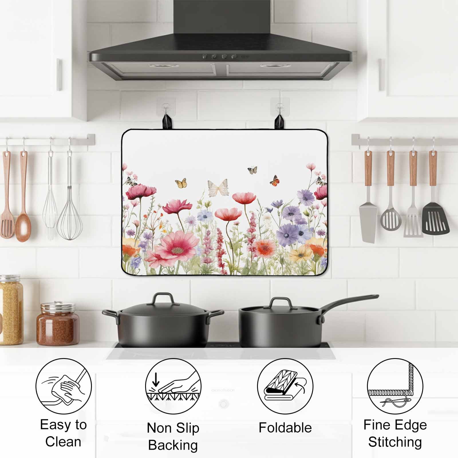 Spring Floral Stove Top Cover for Electric Stove, Heat-proof & Non Slip Glass Top Stove Cover Protector, Coloful Summer Botanical Flowers Butterfly Kitchen Flat Cooktop Rubber Mat 24x21 Inches