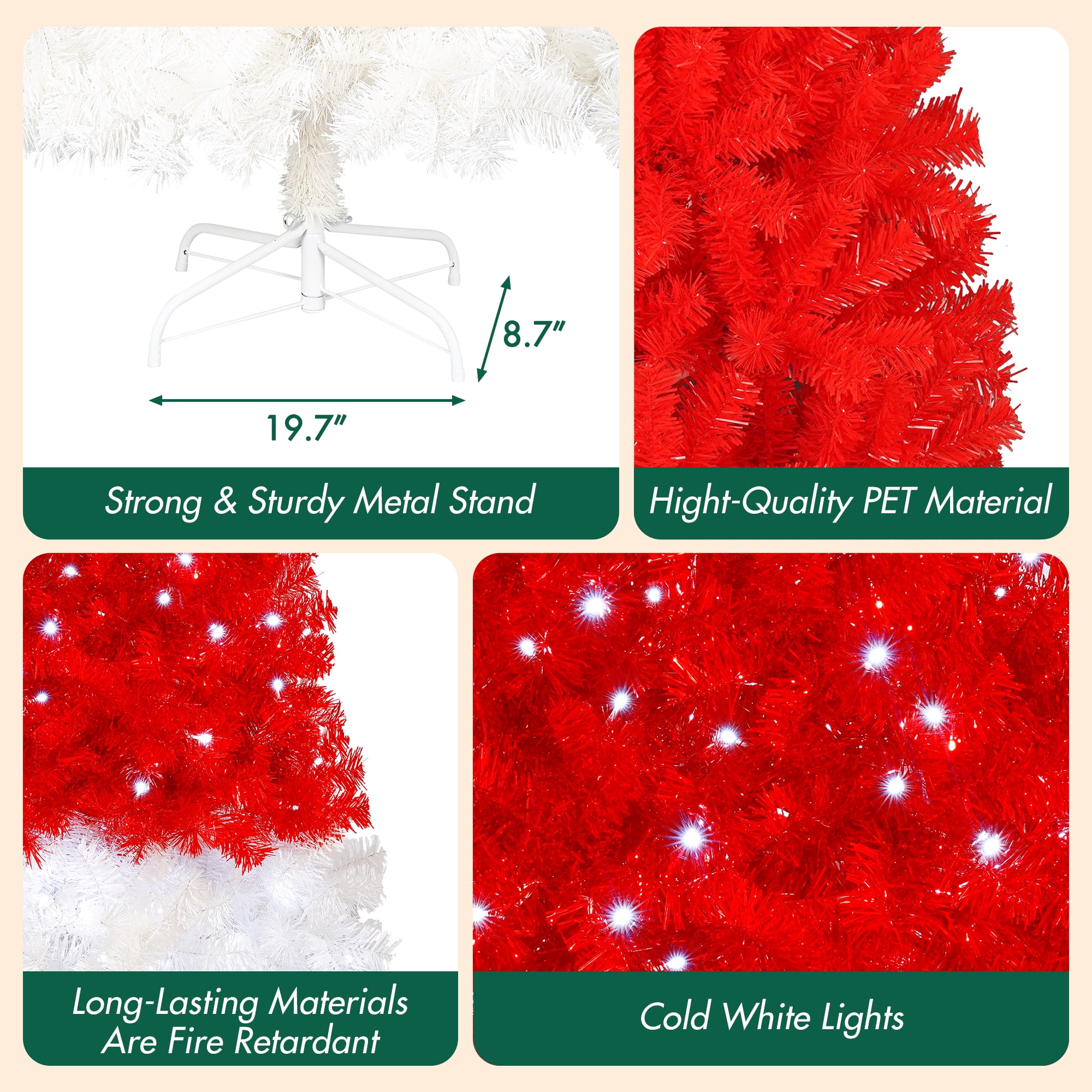 5ft Red and White Santa Hat Christmas Tree 1050 Tips 300 Cool White LED Lights Metal Stand Indoor Decor
