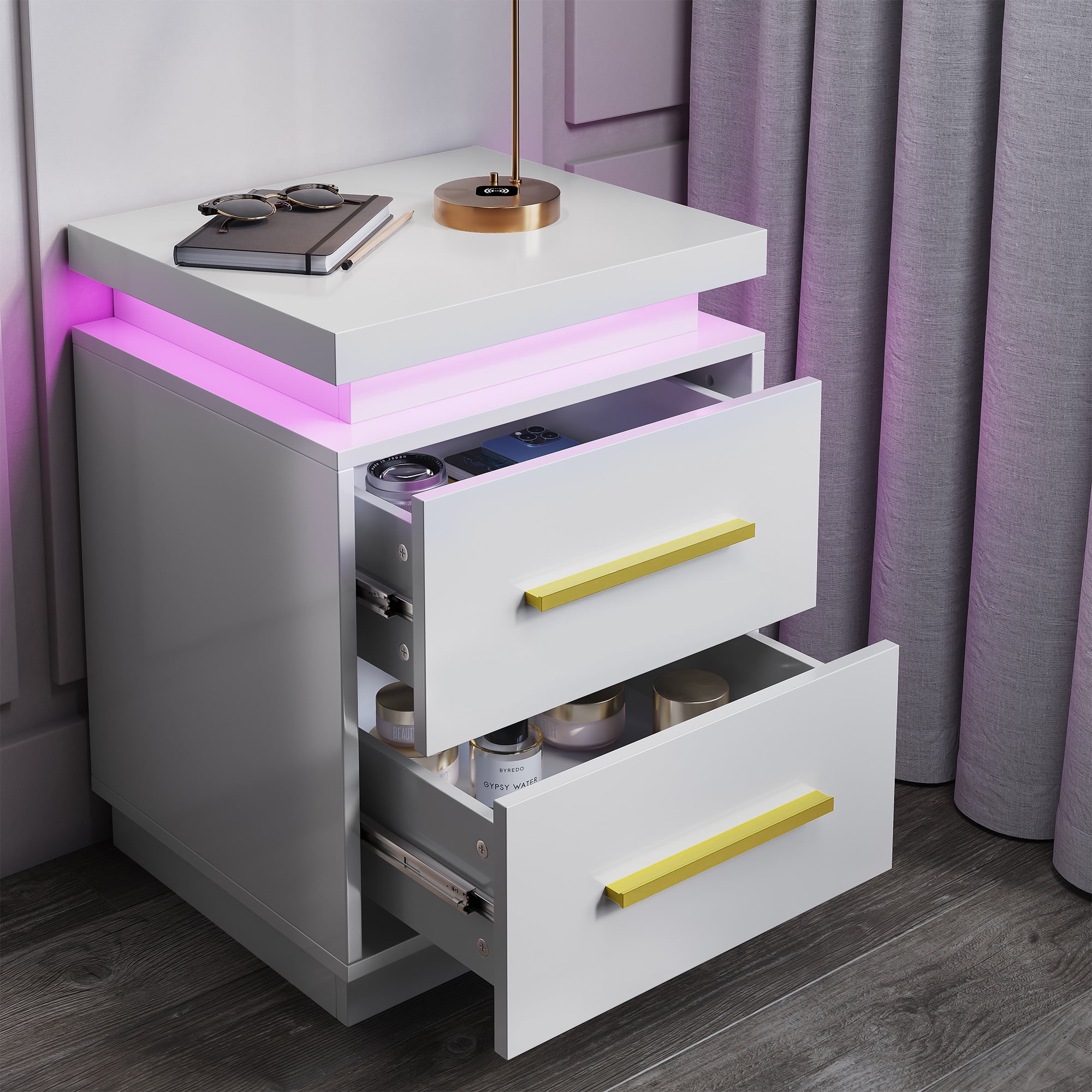 BELLEZE End Tables Set of 2, Nightstands Beside Tables with RF Remote-Controlled LED Lights, Two Drawers, and Gold Metal Handles for Bedroom or Living Room - Zoey (White)