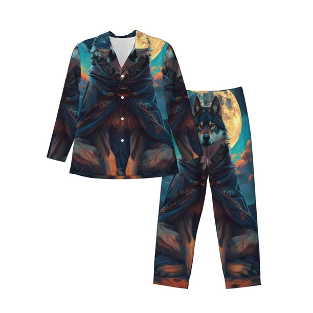 Balery Starry Sky Moon Wolf Leader Pijama para Hombre de Dos Piezas con Manga Larga, Conjunto de Dormir y Descanso Suave con Bolsillos-Large