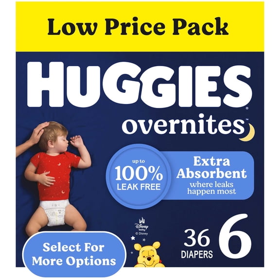 Huggies Overnites Nighttime Baby Diapers, Size 6 (35 lbs), 36 Ct (Select for More)