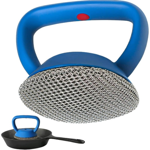 Cast Iron Scrubber Cleaner Brush: 316 Stainless Steel Chainmail Scrubber with Handle, Chain Mail Scrubber Cast Iron for Skillets, Pans,Griddles, Frying Pans, Cast Iron Cookware (Blue)