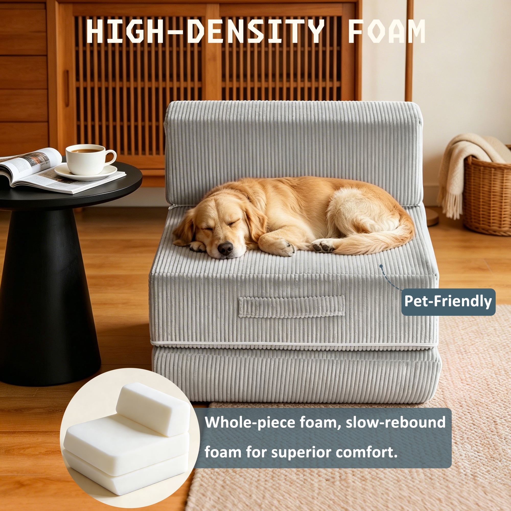 Alvantor Folding Sofa Bed, Convertible Sleeper Chair with Removable Back Pillow and Carry Handles, Portable Fold Out Floor Sofa for Living Room, Bedroom, Dorm, Single, Light Gray