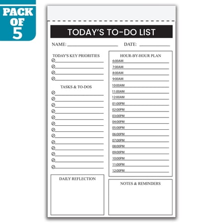 Today's To-Do List Notepad 5.5 x 8.5 Inch, Pack of 5 Daily Planner Pads, 50 Sheets Per Pad, Hourly Schedule and Task Organizer for Home, Office, School, Made in USA