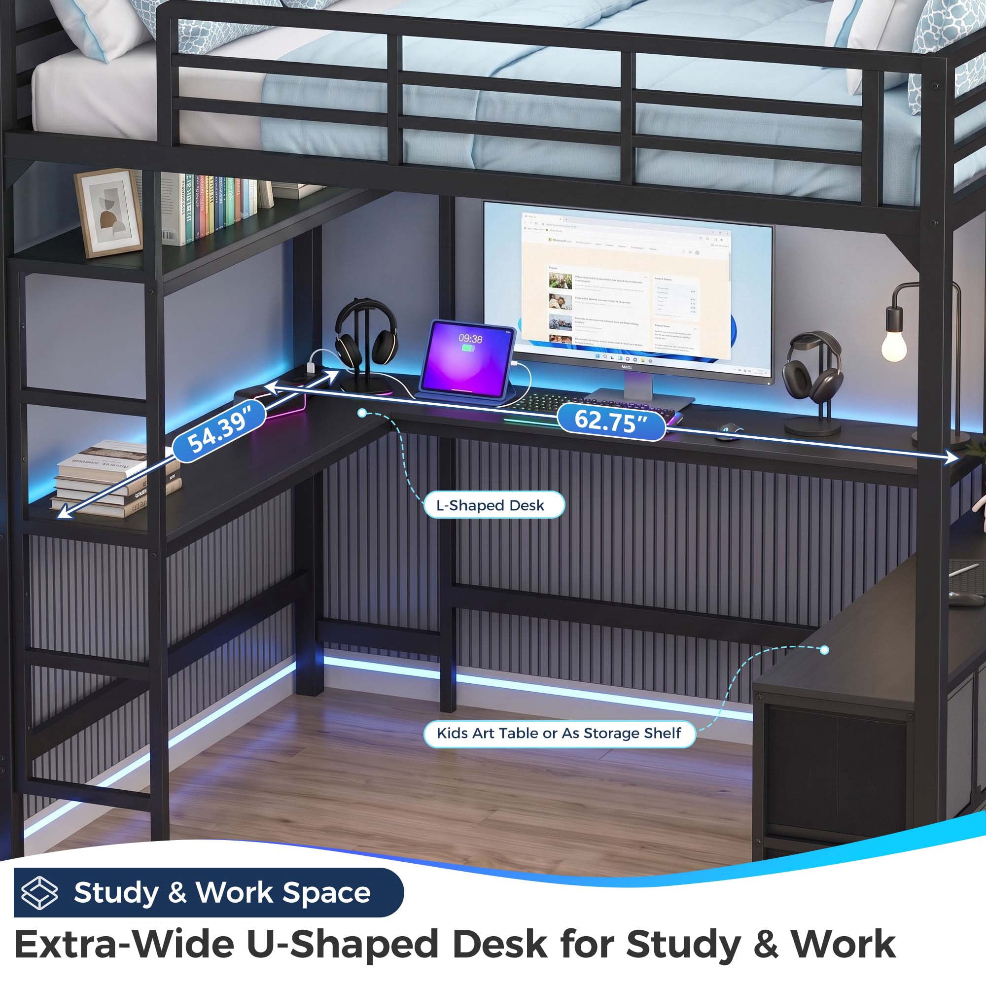 Miniyam Full Size Metal Loft Bed with Desk, 7 Drawers, LED & Charging Station, Black