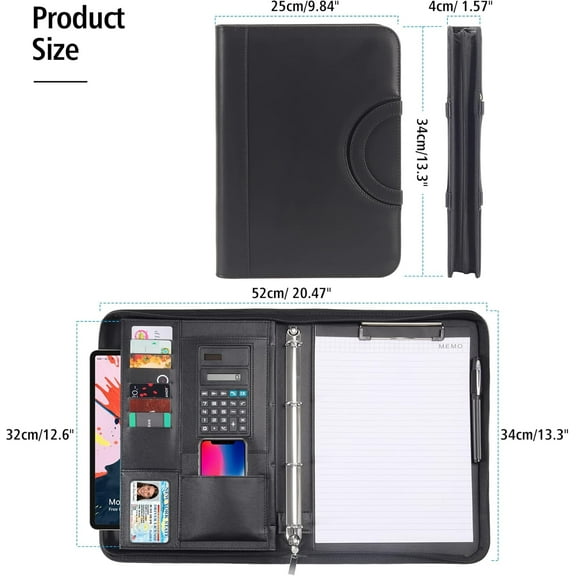 Zipped Portfolio Binders for Men and Women - Leather Padfolio Business Planner Notebook Organizer with Zipper and Calculator- Holder for Tablet, Documents, Cards, Notebook, Notepad