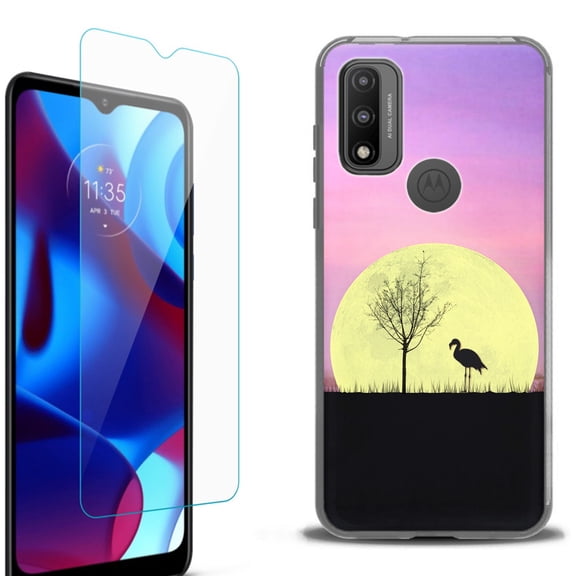 Slim-Fit Protective Phone Case (Black) compatible with Motorola Moto G Pure 5G, with Tempered Glass Screen Protector, by OneToughShield ® - Moonlight Flamingo