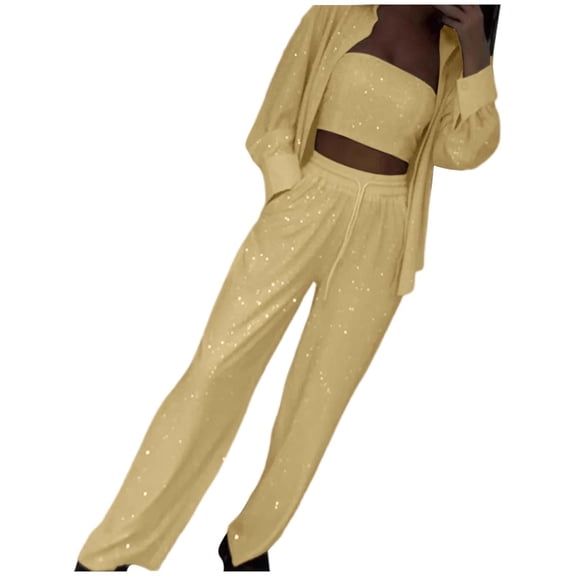 Wdgfv Women's Sequined Fashion Suit Set One Button 3 Piece Wedding Tuxedos Blazer Pants Prom Party Outfit Khaki XXXL