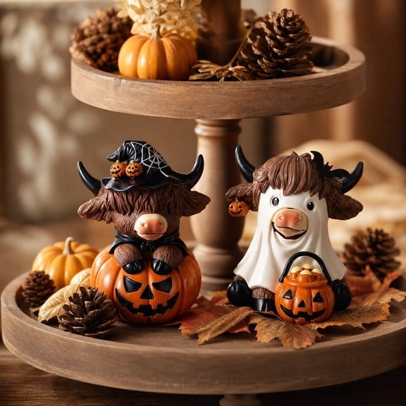 2 Pack, Highland Cow Figurines 4 Inch Halloween Ghost Decor Spooky Statues for Home Tiered Tray Shelf Mantel Fall Halloween Decoration for Indoor Tabletop Display