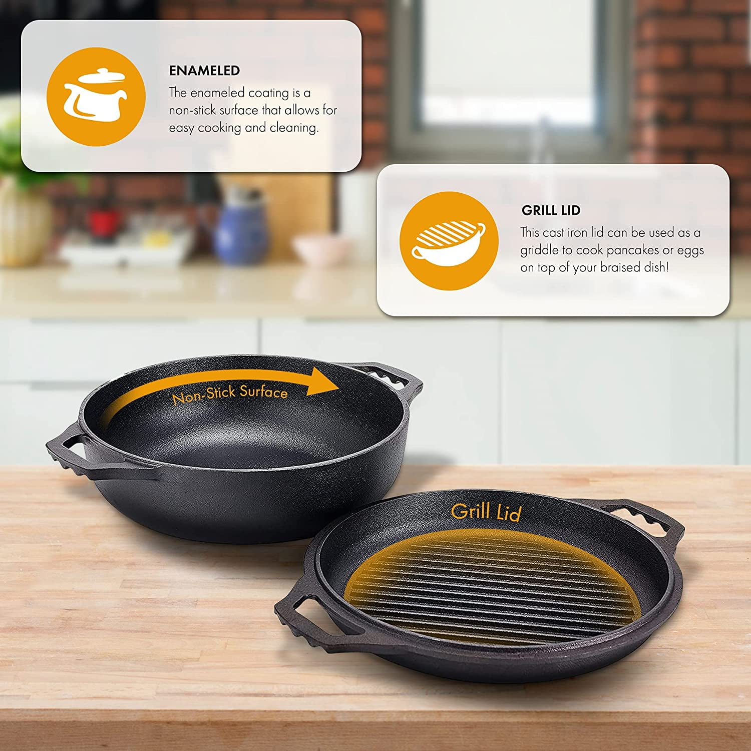 Bruntmor | 2-In-1 Pre-Seasoned Cast Iron Cocotte Double Braiser Pan With Grill - 1