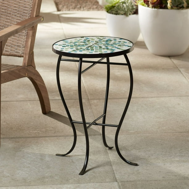 Teal Island Designs Aqua Mosaic Black Iron Outdoor Accent Table