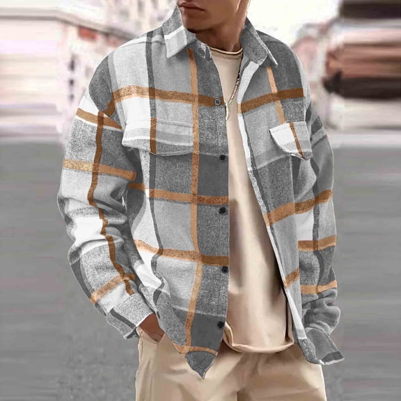 BRGZLK Men Plaid Tops Loose Casual Regular Fit Button Down Long Sleeve Turn Down Collar Flannel Work Fashion Shirt Gray XXL