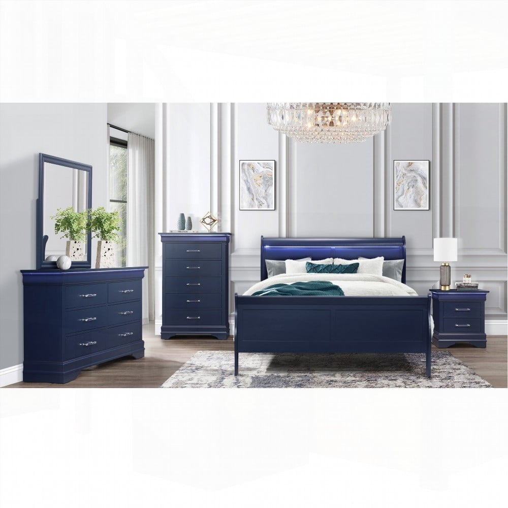 King Size Metal Platform Bed Frame with LED Lighting, Blue, for Bedroom