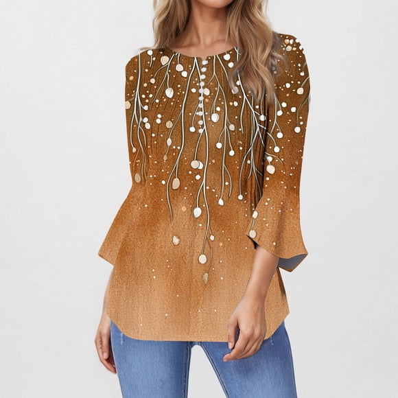 Summer Savings Clearance! Fatuov 3/4 Sleeve Shirts Womens Tops Sale Button V-Neck Three-Quarter Flared Sleeve Tops Floral Print Tee Blouses Gold