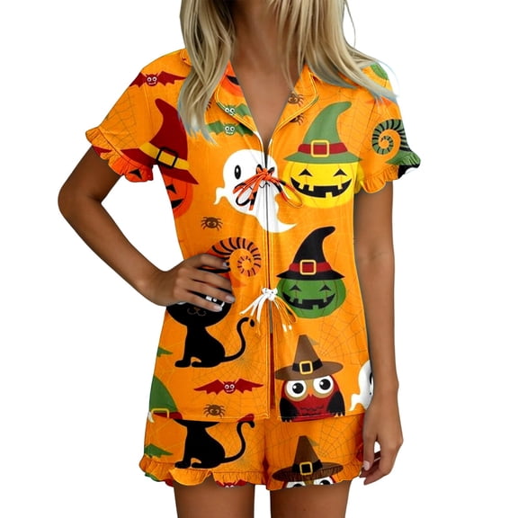 Women Outfits Short Sleeve Airy Print Lapel Belted Top And Shorts 2 Piece Halloween At Home Wear Women's Clothing Sets L