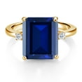 thumbnail image 2 of Gem Stone King 18K Yellow Gold Plated Silver 12X10MM Blue Simulated Sapphire and 2MM White Topaz 3 Stone Engagement Ring for Women | 6.78 Cttw | Gemstone September Birthstone | Size 7, 2 of 3