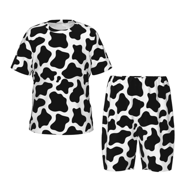 Balery Cow Print Black White Conjunto de Pijama Infantil de Manga Corta con Estampado – Ropa de Dormir de Algodón Suave-Medium