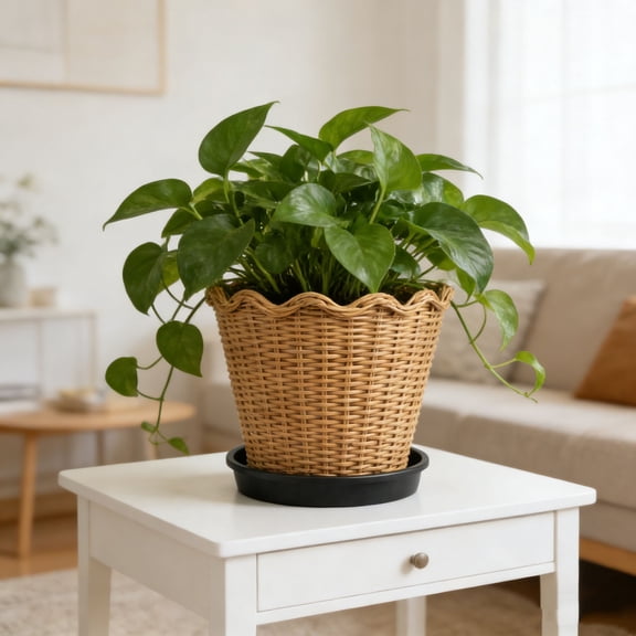 8.6x7.8" Woven Resin Urn Planter, Decorative Rattan-Style Wicker Flower Pot for Indoor Outdoor Home Decor
