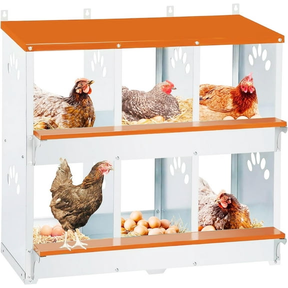 6 Compartment Chicken Nesting Box, Metal Nesting Boxes for Chicken, Indoor & Outdoor Use, Wall Mountable Laying Boxes for Hens, 31.9" L x 13" W x 25" H, Orange