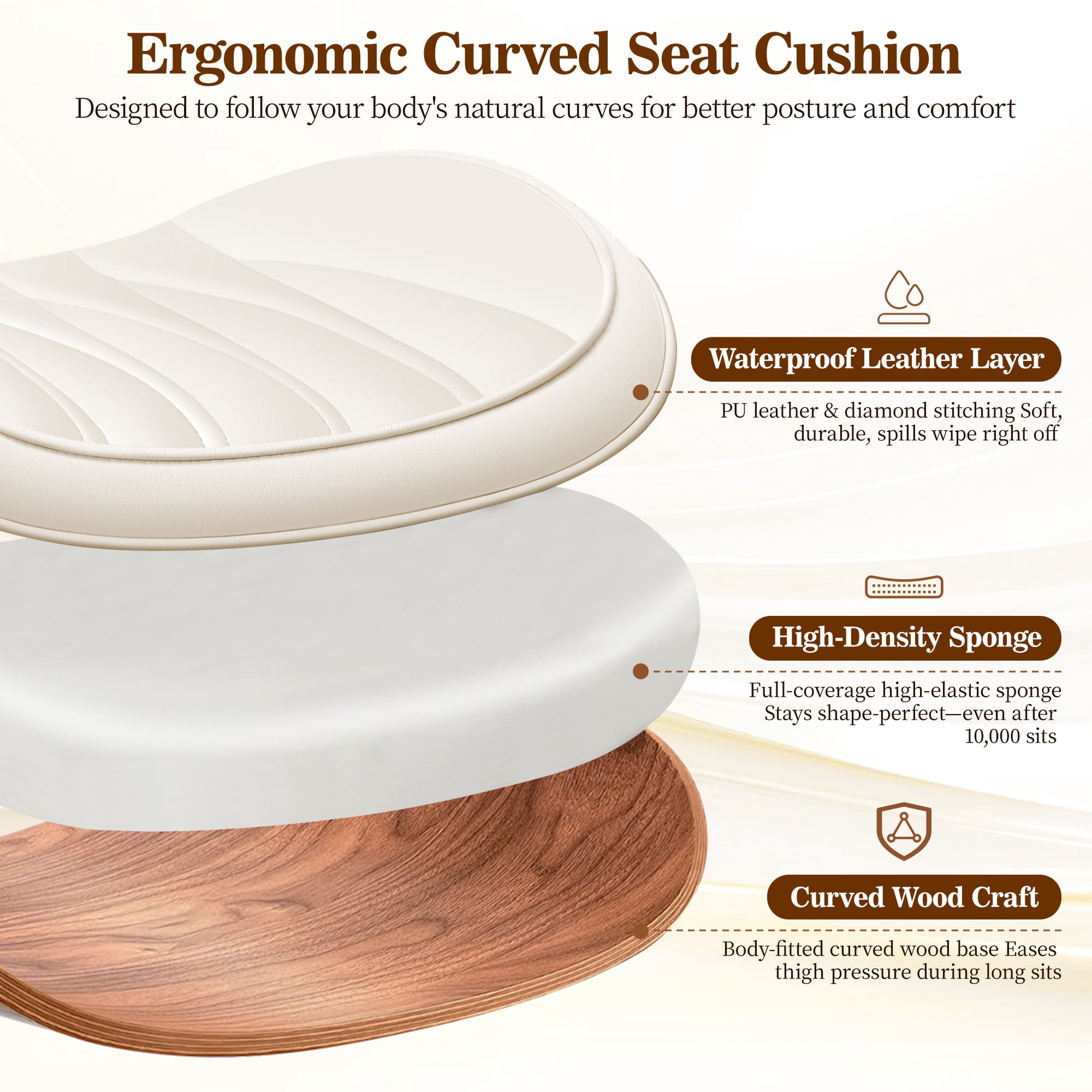 COOLHUT Home Office Chair, Armless Adjustable Height Small Office Desk Chair, PU Leather Swivel Computer Chair, Modern Walnut Bentwood Chair for Office, Reading, Makeup Vanity, Creamy White