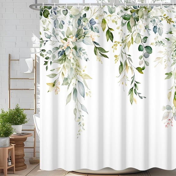 Green Eucalyptus Leaves with Flower Shower Curtain Hanging Greenery Plant Printed Bath Curtain Waterproof Washable Fabric Bathroom Bathtub Decor Shower Curtain Set with Hooks 60x72 Inch
