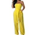 thumbnail image 4 of ZAZYULZ Dressy Jumpsuits for Women Women's Casual Off Shoulder Smocked Solid Color Strapless Belted Wide Leg Jumpsuit Romper With Pockets(Yellow,S), 4 of 9