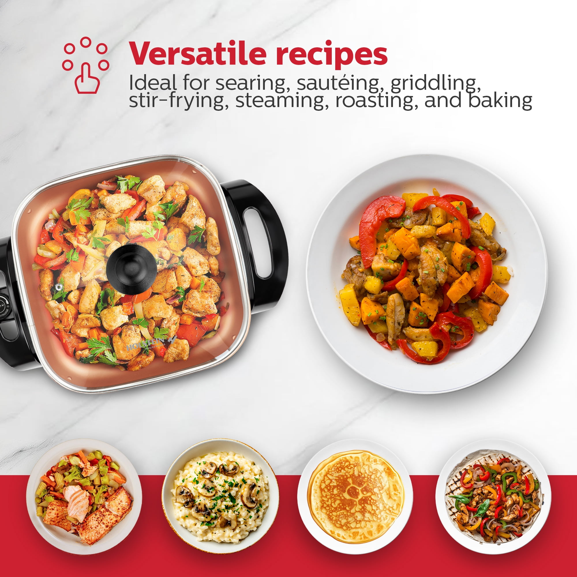 Holstein Housewares 12-Inch Electric Skillet with Non-Stick Coating, Glass Lid, and Removable Probe, Copper and Black