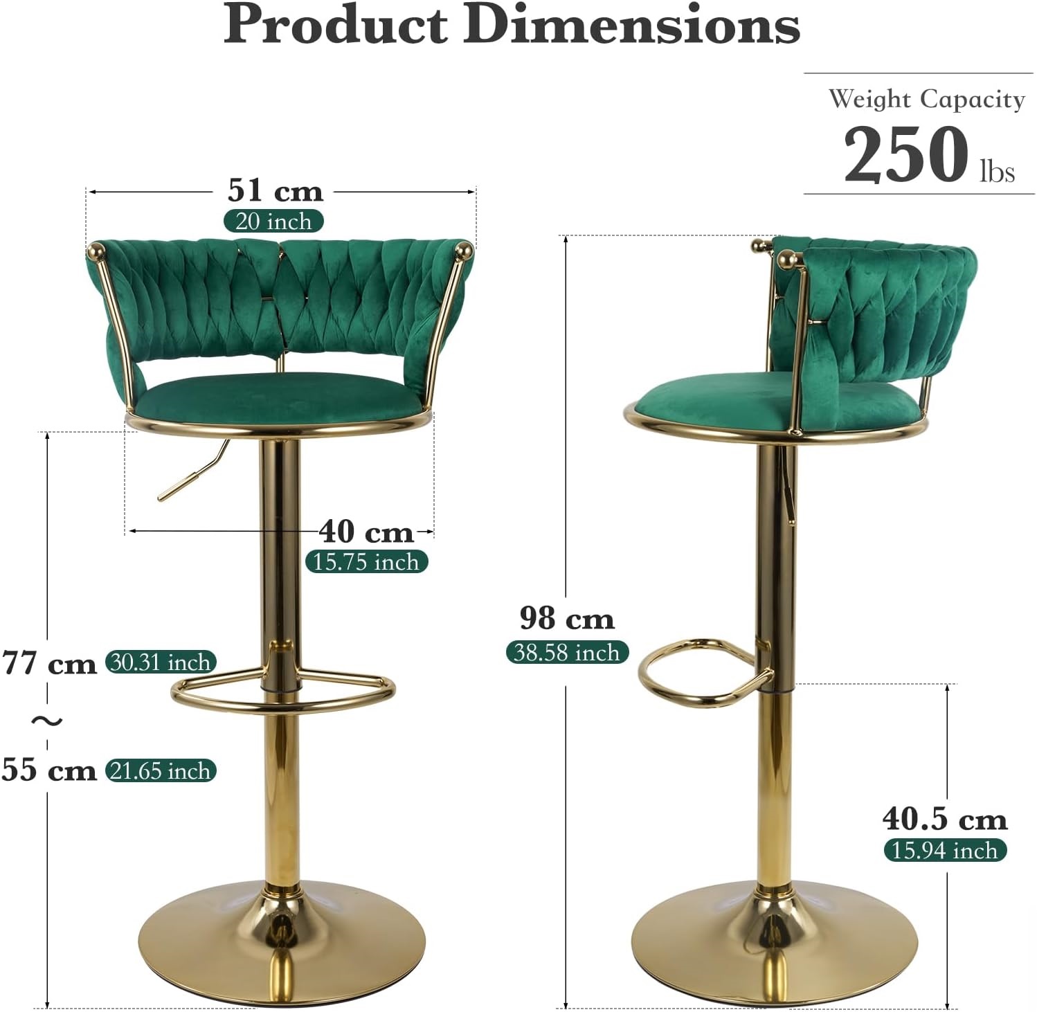 Homefun Swivel Velvet Bar Stools Set of 2, Height Adjustable Counter Height Stools with Low Back, Gold Swivel Bar Chairs for Kitchen Island