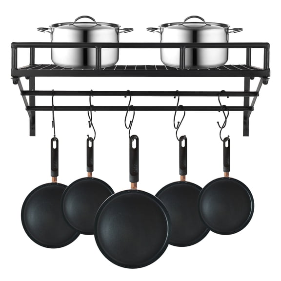 Wall Mounted Pot Rack with 2 Hanging Rails and 10 Hooks,Large Hanging Pot and Pan Organizer,Wall Storage Shelf for Kitchen,Black