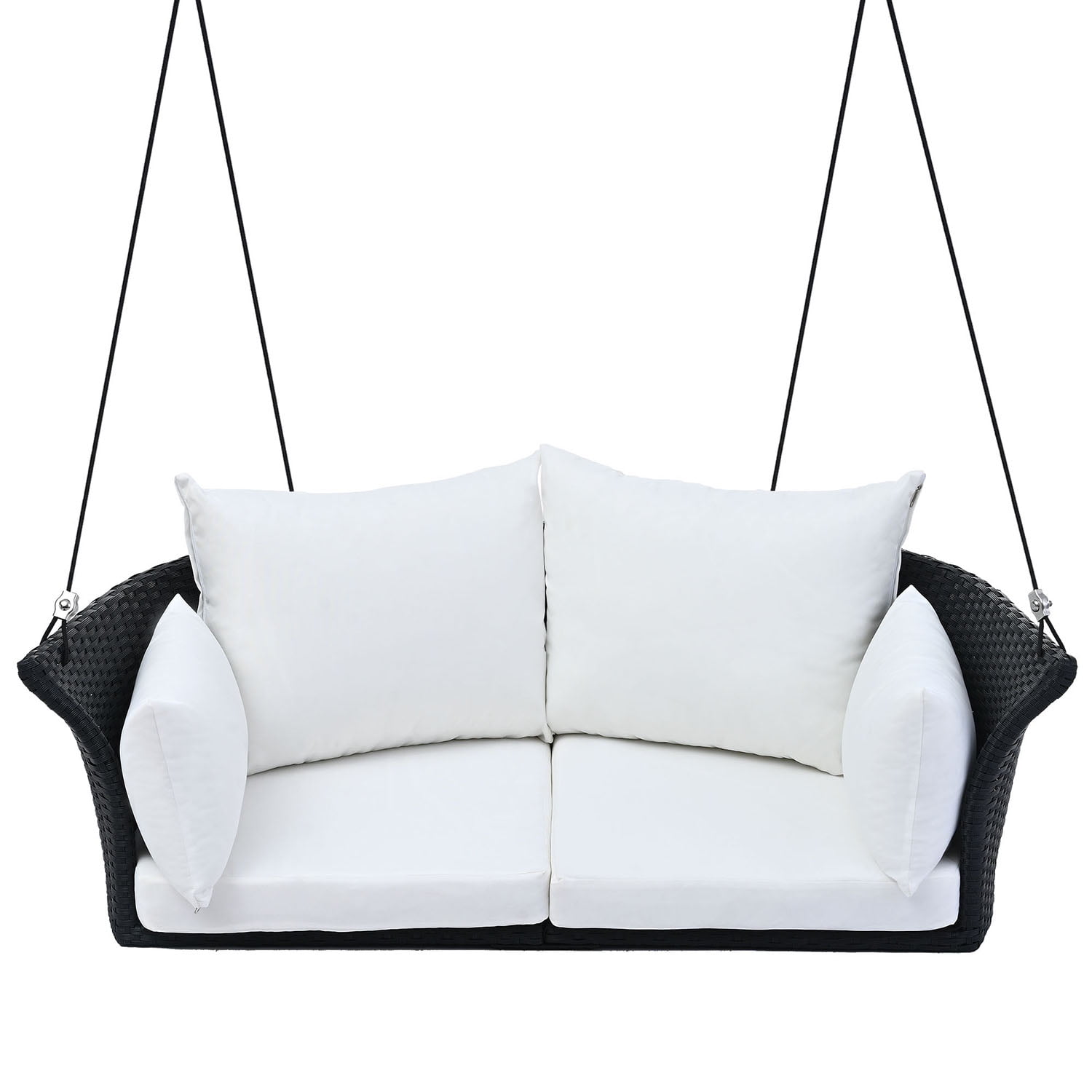 Kadyn 51.9" 2-Person Hanging Seat, Rattan Woven Swing Chair with Ropes, Gray Wicker and Cushion, Porch Swing Chair for Outdoor, Black White Kadyn 51.9" 2-Person Hanging Seat, Rattan Woven Swing Chair with Ropes, Gray Wicker and Cushion, Porch Swing Chair for Outdoor, Black White