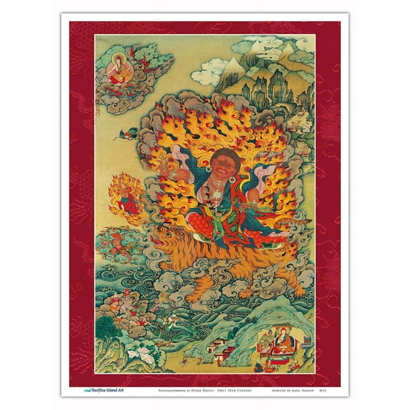 Padmasambhava as Dorje Drolo - Tantric Buddhist Mystic - Vintage Tibetan Thangka Buddhist Painting - Tibet, 18th Century - Master Art Print (Unframed) 9in x 12in