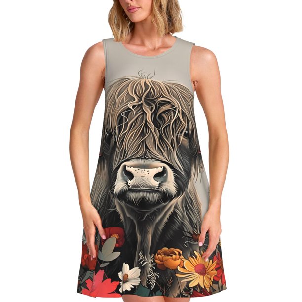 Easygdp Butterfly Cow With Flowers para Vestido Transpirable de Mujer, Vestido Suelto de Manga Corta con Pliegues y Bolsillos para el Verano