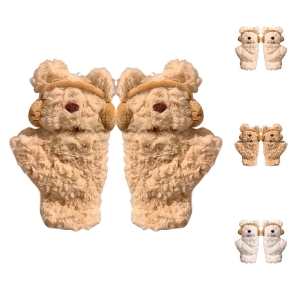 GPOECD Winter Gloves Women Adorable Bear Headphone Mittens Soft Lined Thermal Cold Weather