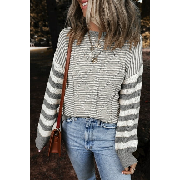 Ushdele Chic Gray Stripe Sweater: Drop Shoulder, Stay Trendy!