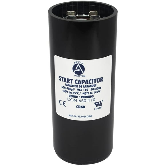 Appli Parts motor start capacitor 650-780 Mfd (microfarads) uF 110-125VAC universal fit for electric motor applications 1-3/4 in Wide 4-3/8 in Height CON-650-110