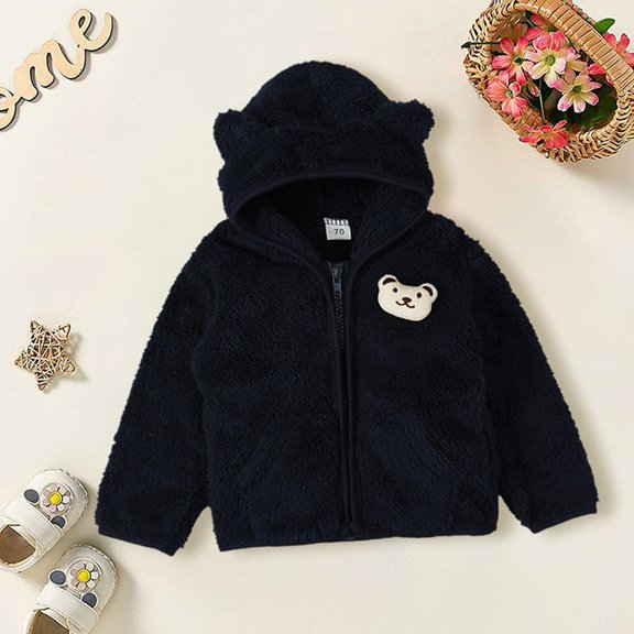 Generic 2024 New Children's Jackets Casual Work Kids Coat Solid Color Long Sleeved Plush Zippered Hood Thickened Cartoon Bear Top Party Birthday School for Fashion Breathable (12-18 Months,BU1)