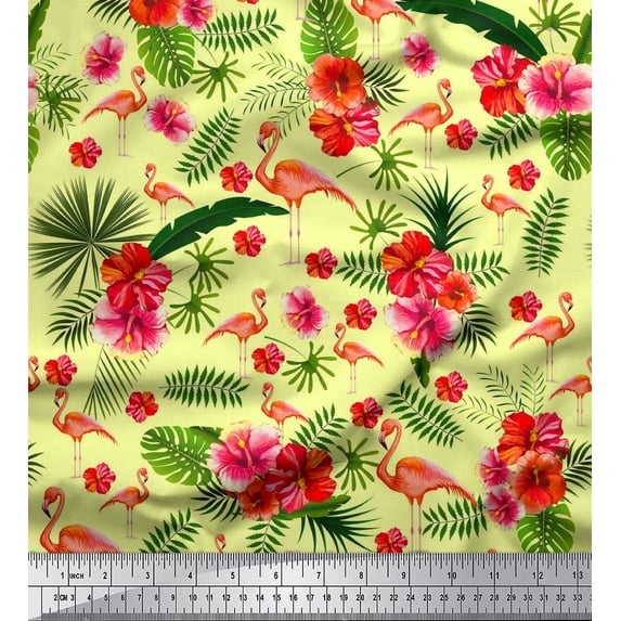 Soimoi Crepe Silk Fabric Tropical Leaves,Floral & Flamingo Bird Print Sewing Fabric Yard 42 Inch Wide