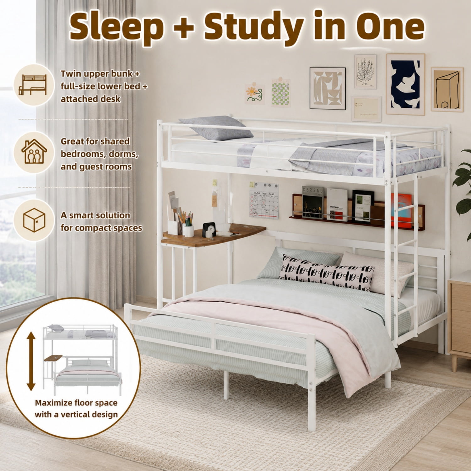 Miniyam Twin Over Full Bunk Bed with Built-In Desk – Metal Space-Saving Bed for Kids, Teens, Dorm Rooms, White