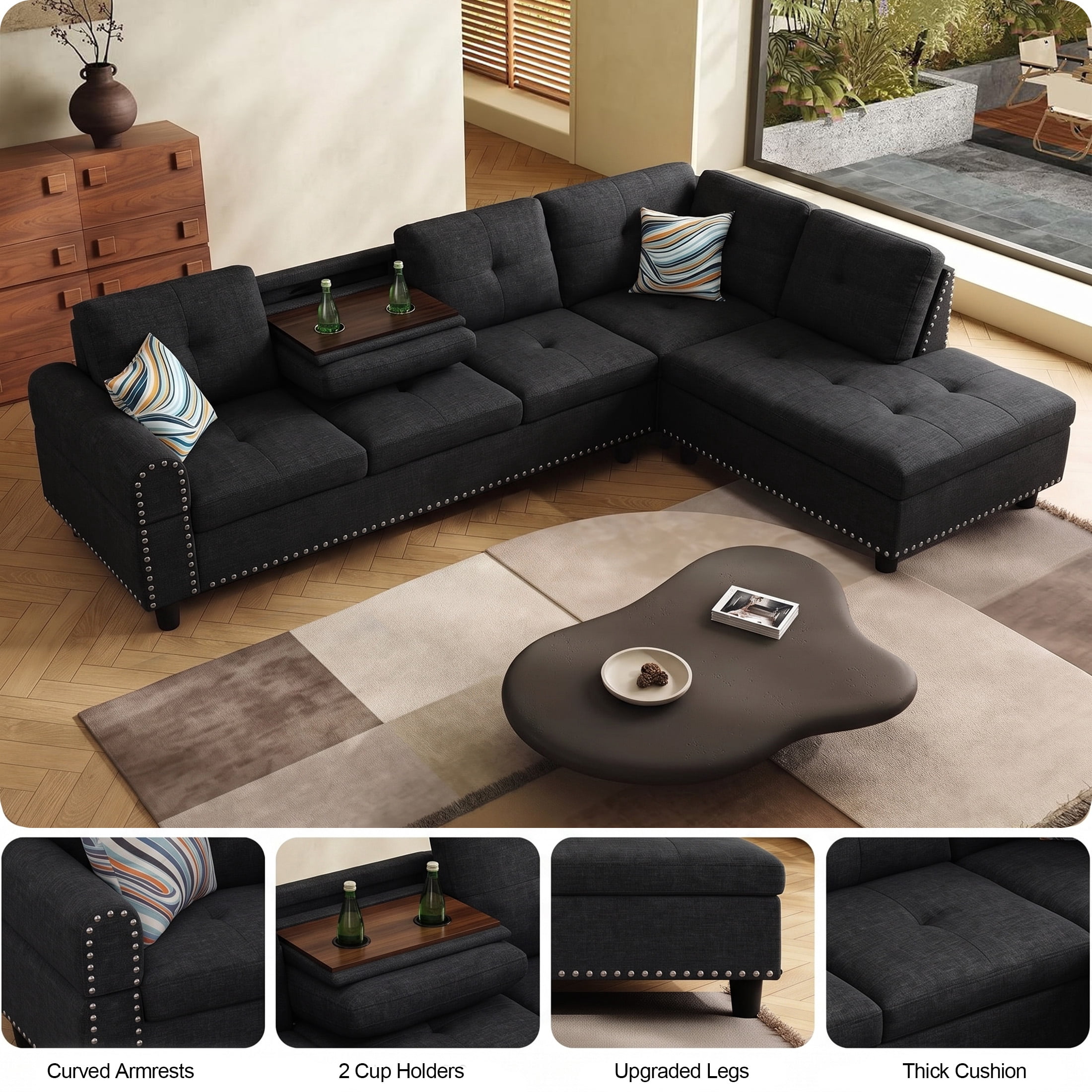 AENKYO 98" L-Shaped Sectional Sofa with Reversible Chaise and Cup Holders, Linen, Black Gray