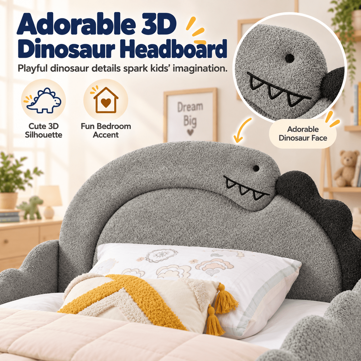 Wakefit Twin Size Dinosaur Bed for Kids with Safety Guardrails,Boucle Upholstered Platform Bed Frame with 3D Dinosaur Headboard,Floor Bed for Boys & Girls,No Box Spring Needed,Grey
