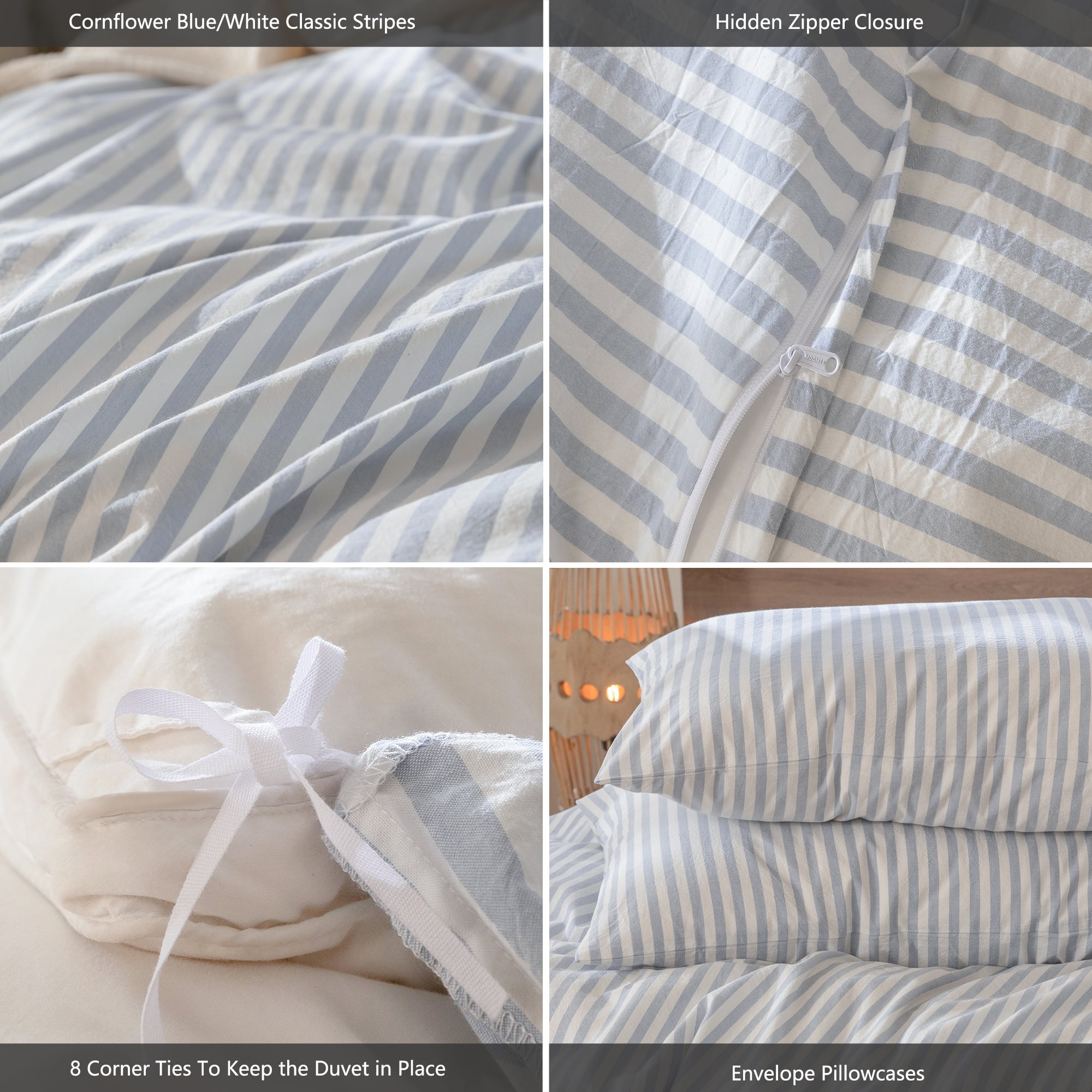 MooMee Striped Duvet Cover Set Full 100% Washed Cotton Linen Like Textured Breathable 3-Piece (Cornflower Blue& White Classic Stripes)
