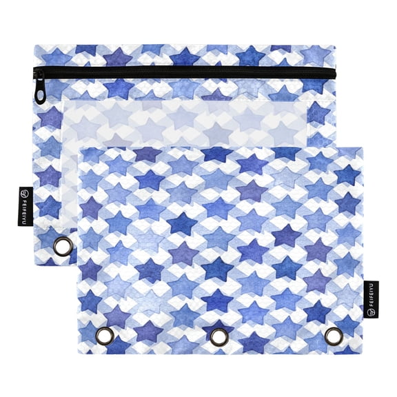 2 Pack 3 Ring Binder Pouch with Clear PVC Window Water Resistant Zipper Pencil Pouch Navy Blue Stars Binder Pocket for Classroom Office Home Stationery Organization