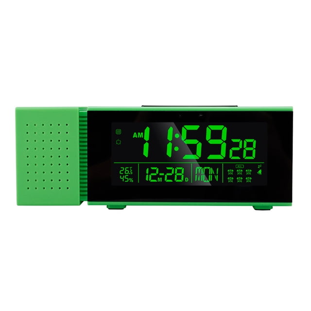 Reloj de pantalla LED operado por batería Temperatura digital Medidor de humedad Higrómetro Snooze Modo Alarma Radio Dormitorio Dormitorio Suministros Green Scienceny HA011272-02B