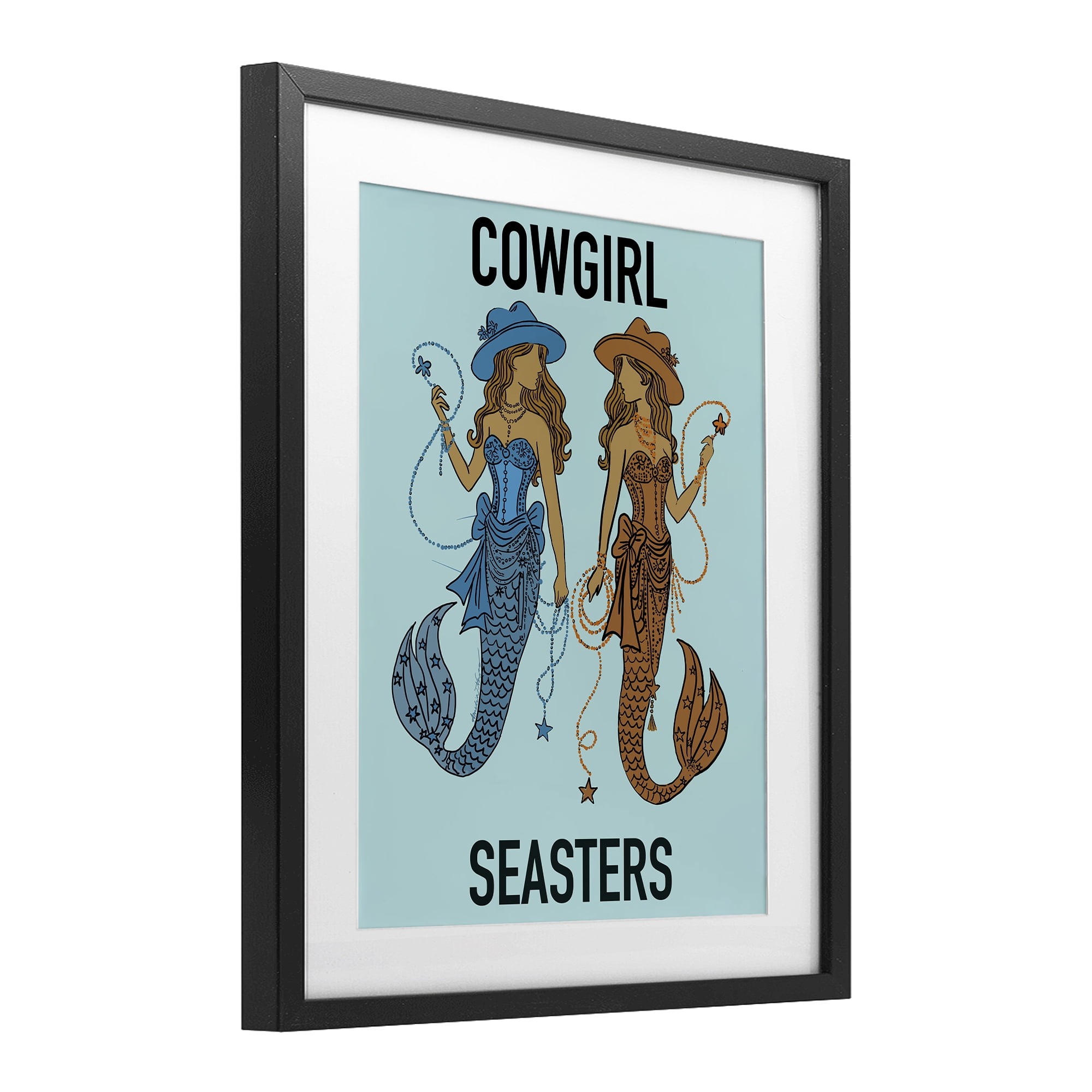 Cowgirl Seasters Mermaid Friendship Black Framed Print Under Glass, design by Amelia Noyes