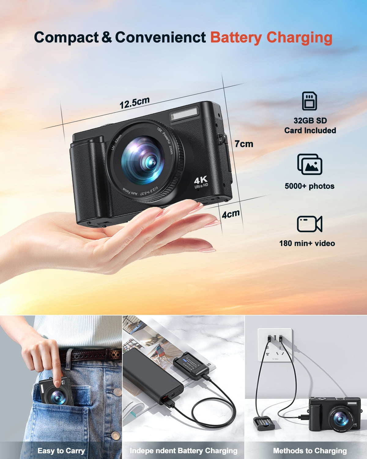 Zostuic 4K 48MP Vlogging Camera with 3" Flip Screen, 16X Zoom, WiFi - Includes 32GB SD Card & 2 Batteries - Compact for YouTube/Travel (Black)