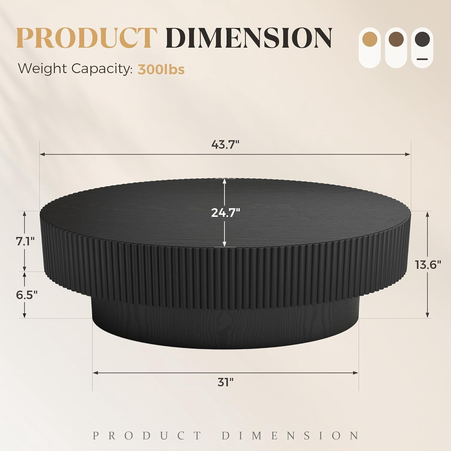 Gelloan 43.7" Olive Shape Wood Coffee Table, Modern Fluted Coffee Table for Living Room, Veneer Handcrafted Relief Tea Table with Sturdy Pedestal,Black